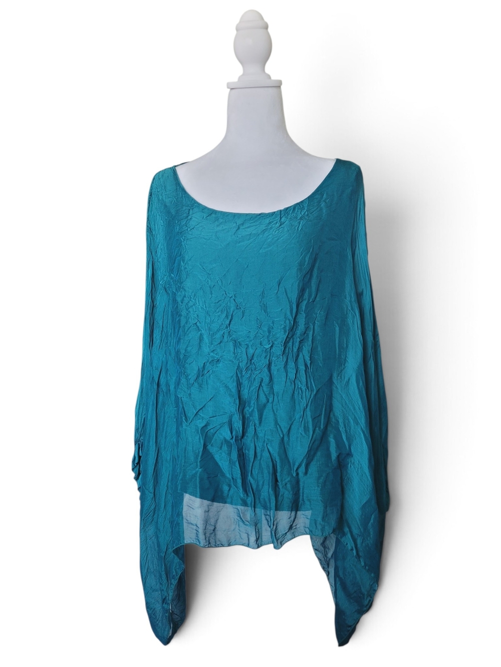 Made In Italy Silk Blend Crinkled Scoop Neck Hankie Hem Blouse Teal Flowy Boho